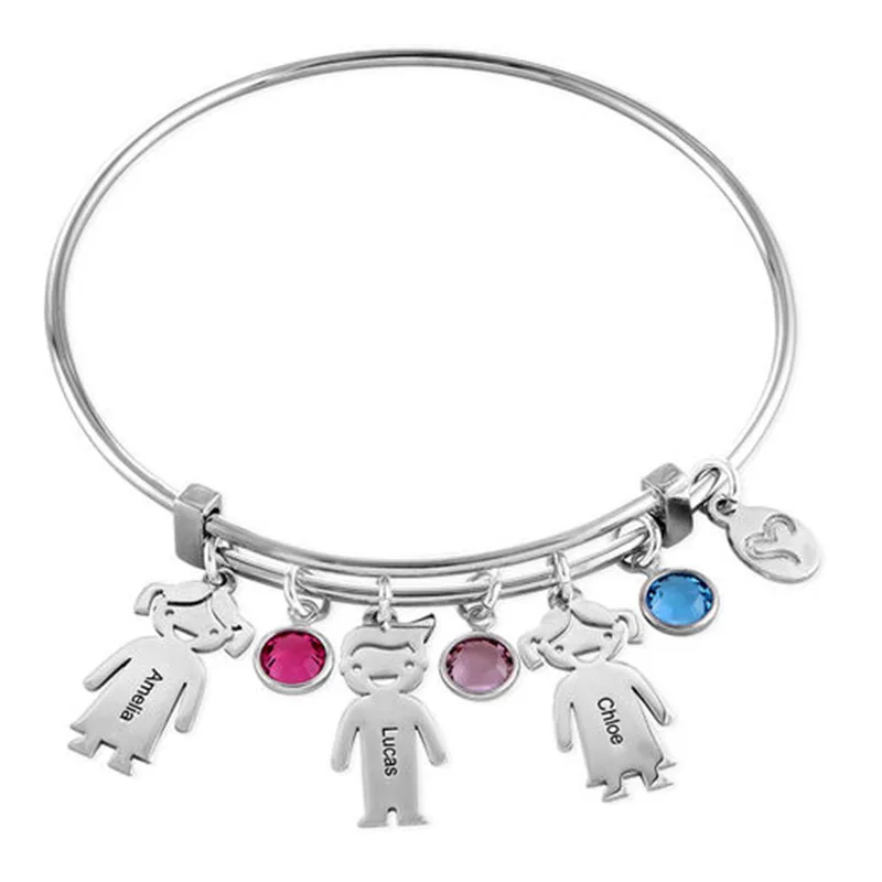 

Bangle Bracelet with Kids Birthstone Charms 3 Color Personalized Gifts ID Bangles For Lovers' Engrave Name Bracelet