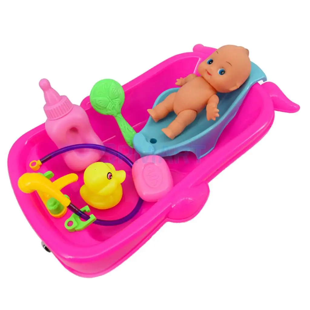 Set of Toddler Baby Adult Role Pretend Play Game Doll Bath in Bathtub Developmental Preschool Water Toy w/ Doll Gift Red