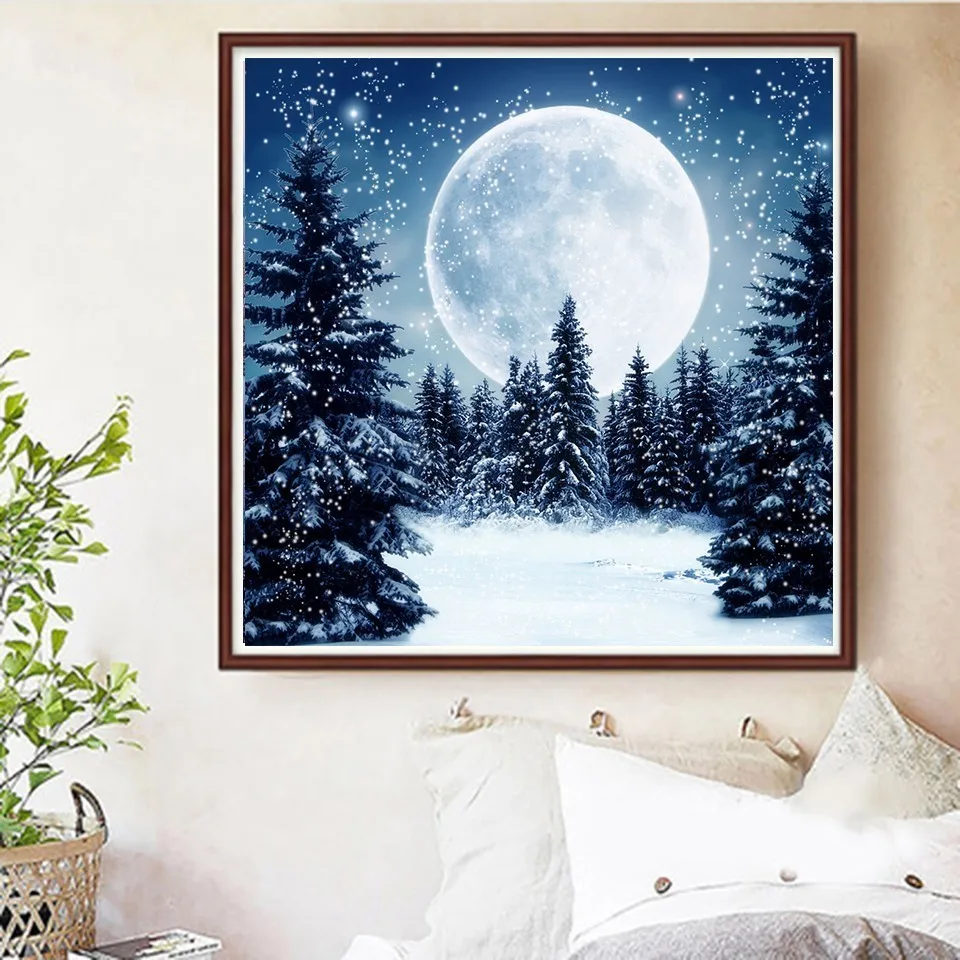 AZQSD Diamond Painting Starry Sky Diamond Embroidery Landscape Home Decor Picture Rhinestones Diamond Mosaic Snowy Night