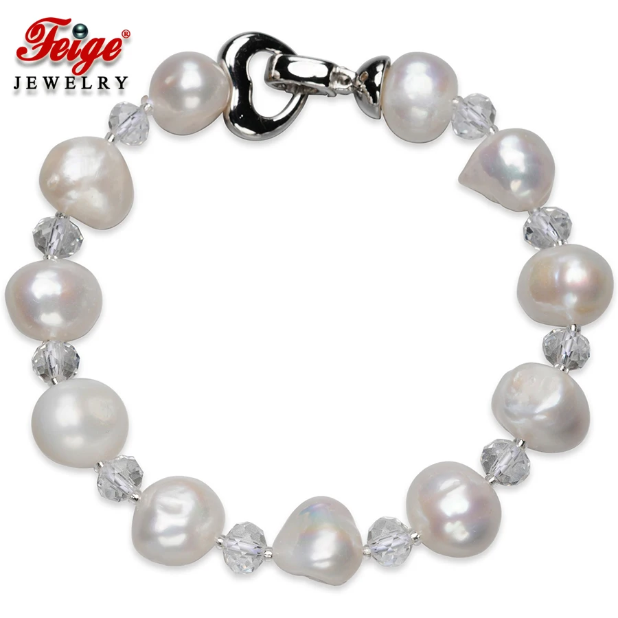 

FEIGE Trendy style 10-11MM White Natural Freshwater Pearl Jewelry Bead Bracelet For Women White Crystal Pulsera De Las Mujeres