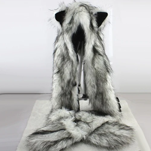 

Women Fashion Wolf Ears Paws Faux Fur 3 in 1 Hat Scarf Mittens Winter Warm Cap