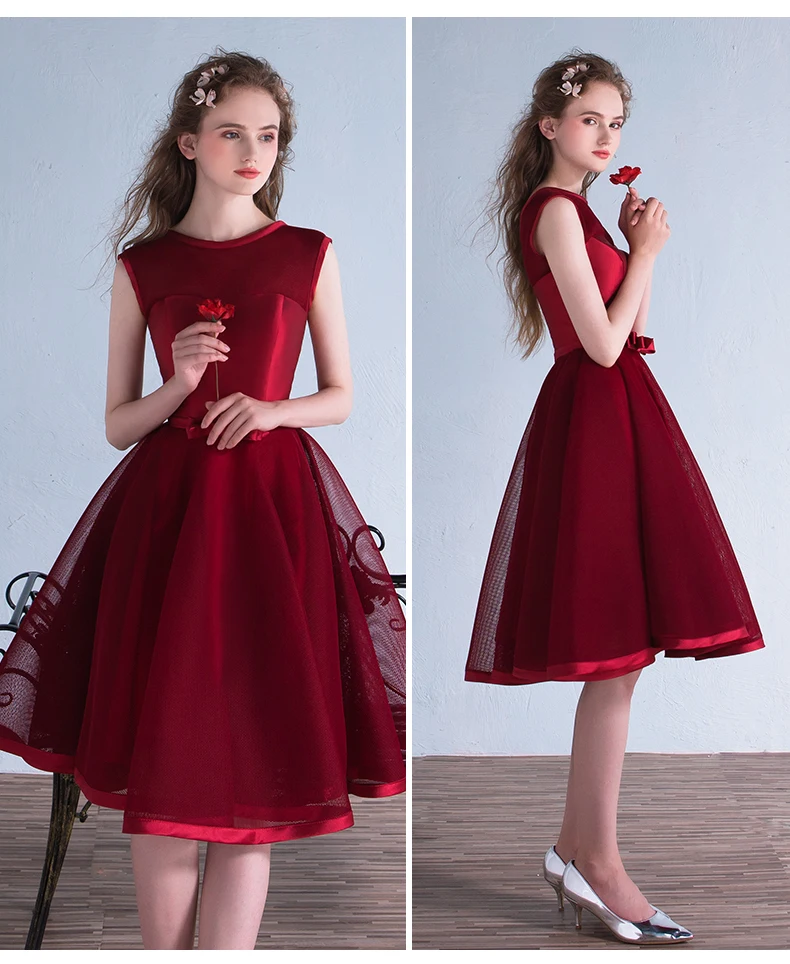 2017 Burgundy Prom Dresses Knee Length Ribbons Graduation Robe de