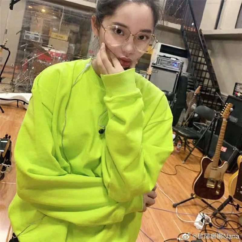 

Fluorescent Green Round Collar Turtleneck Round Neck Long Sleeve Loose Leisure College 2019 Spring Pullovers Sweatshirt Women