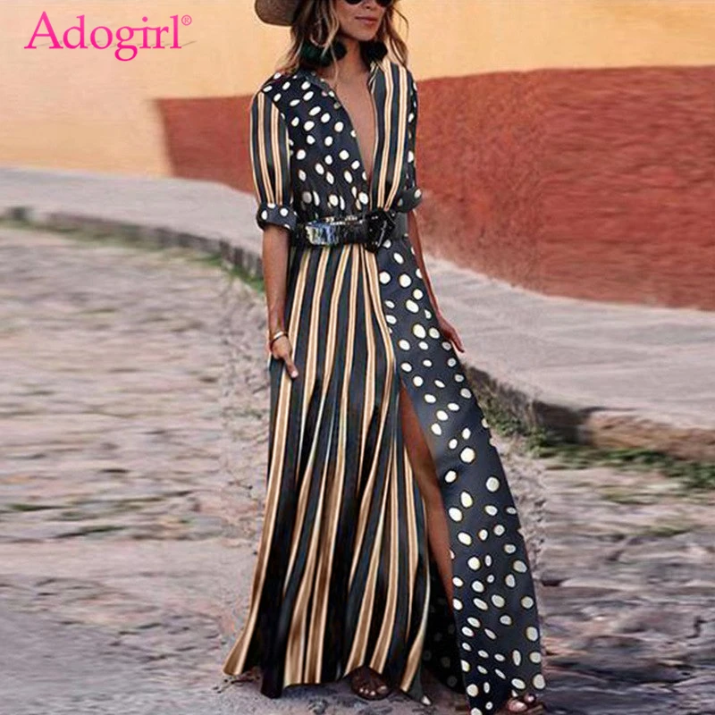 

Adogirl Polka Dots Stripe Print Patchwork Long Shirt Dress Trendy Turn Down Collar Half Sleeve Women Casual Maxi Dresses Blouse