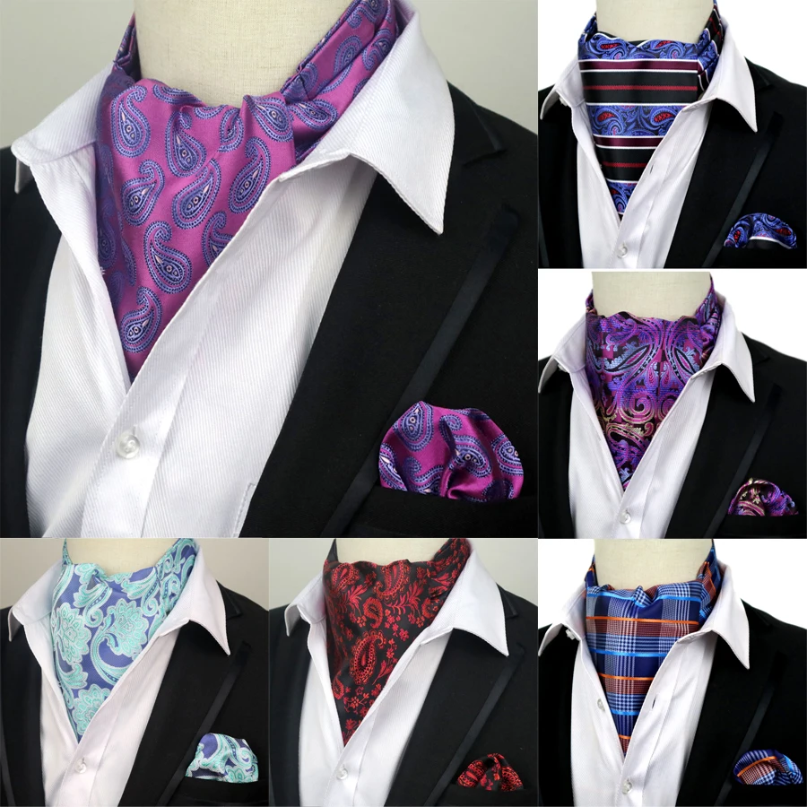 Fashion Men's Cravat Tie Set Handkerchief Silk Paisley Dot Floral Jacquard Ascot Necktie Sets