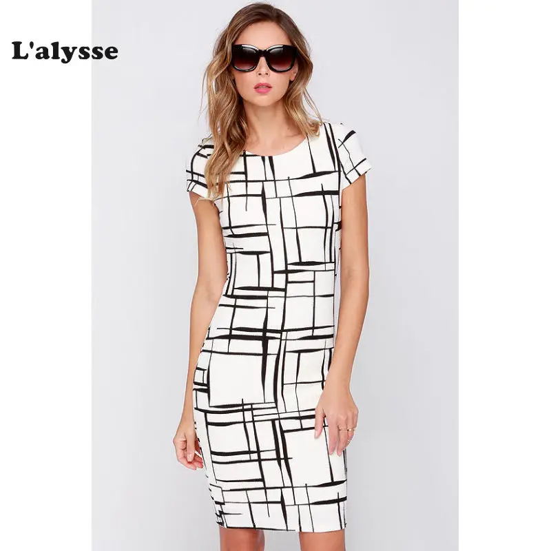 

LALYSSE Plus Size Women Pencil Dress O-Neck Short Sleeve New Fashion Summer Black White Casual Loose dresses vestidos sundress