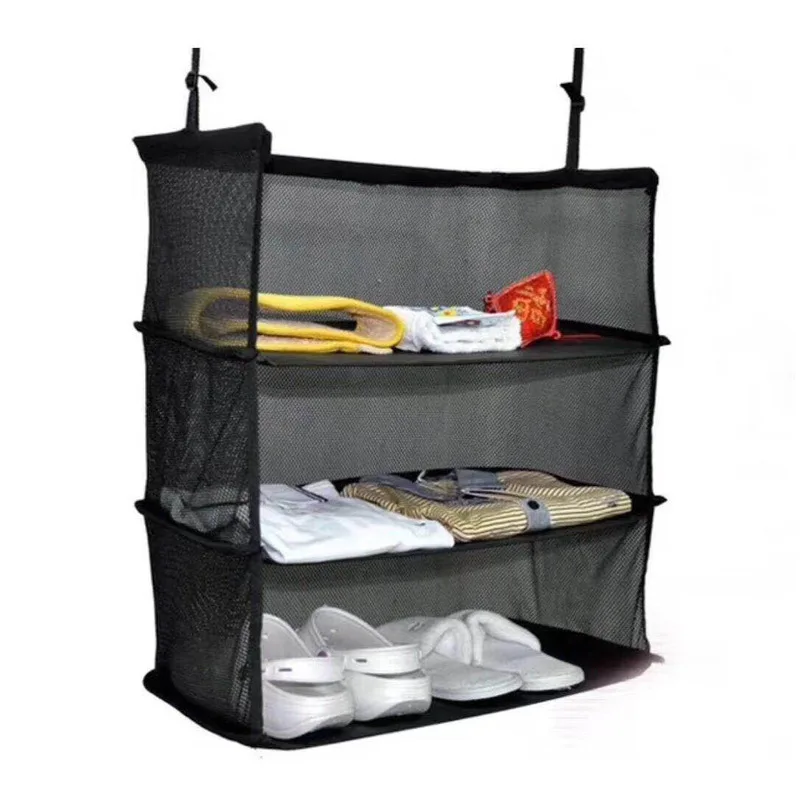 

3 Layers Portable Travel Storage Bag Hook Hanging Organizer Nylon Mesh Storage Bags Wardrobe Closet Clothes Shoes Storage Holder