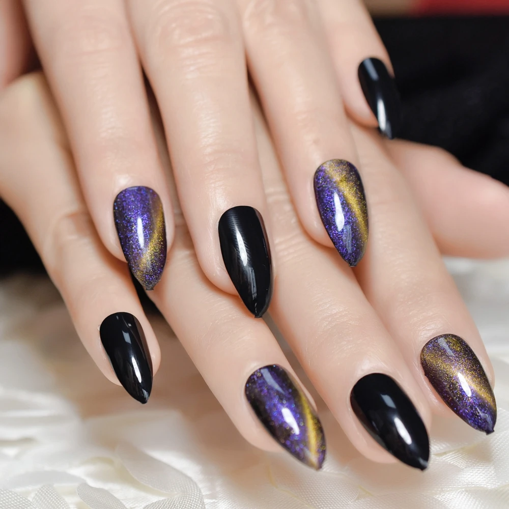 スティレットグリッターハイヒールゲル中爪紫黒真珠光沢猫目偽の爪アートゴージャスなあらかじめデザインされた Bonzer ネイルのヒント 付け爪 Aliexpress