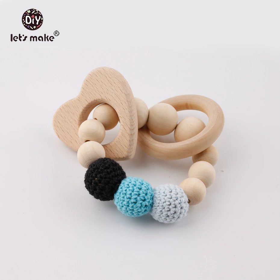 

Let's Make Food Grade Wood Heart Circles Crochet Beads Baby Sensory Baby Gym Toy Cute Animal Chew Wooden Beads Bracelets Teether