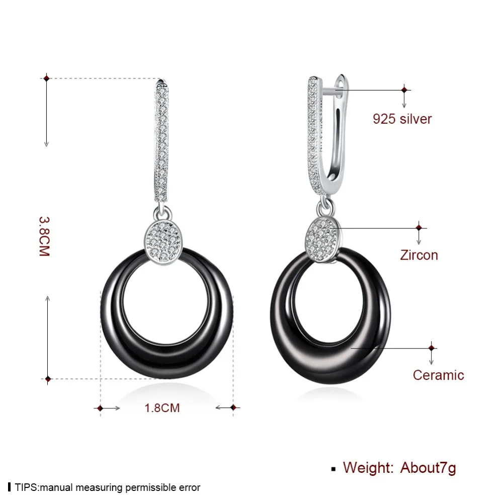 

White /Black Ceramic 38x18mm earrings Fine Jewelry 925 Sterling Silver CZ Female Dangle Earrings Trendy Gift for Women Lady Gift