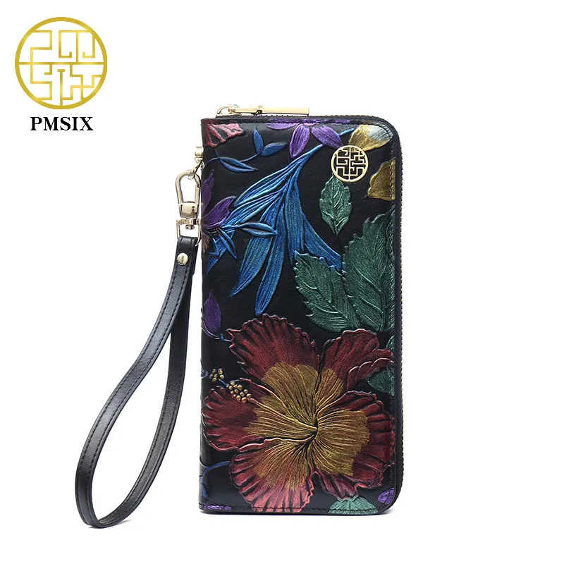 PMSIX 2019 Nove klobučne dame iz pravega usnja, denarnice z vtisnjenimi rožicami zapestnice telefon denarnica za ženske oblikovalske večerne torbe P410018