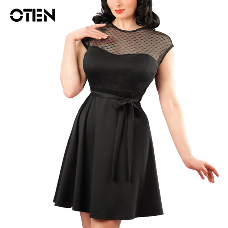 

OTEN femme 2017 Summer Vintage 50s Clothing Short sleeve Gauze Mesh Hearts Patchwork bowknot Pleated Swing party dress for woman