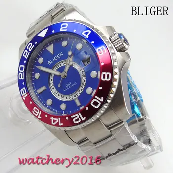

43mm BLIGER blue dial Luminous Marks Deployment Buckle NEW GMT Sapphire Crystal Automatic movement men's Mechanical Wristwatches