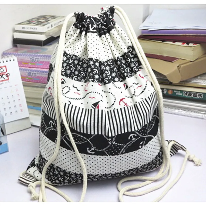 

YILE Cotton Linen Drawstring Travel Backpack Student Book Bag Boat Anchor 824-3