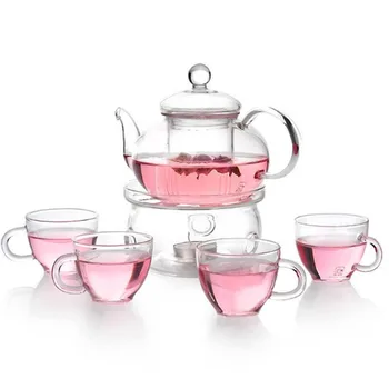 

6pcs/pack Glass Teapot Set 1pc 600ml glass teapot 4pcs 50ml handle glass cup 1pc keep warmer holder