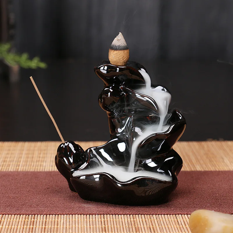 Маленькая статуя монаха, Будды, конусы для благовоний, керамическая курильница, держатель для благовоний, горелка для благовоний дзен, горелка для благовоний, дым+ 10 конусов для благовоний