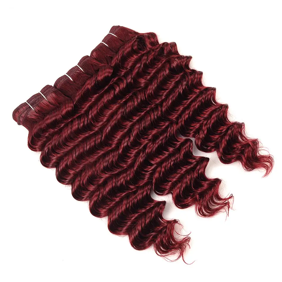 Pinshair Pre-Colored Red Human Hair With Closure 99J Brazilian Deep Wave 3 Bundle With Lace Closure Burgundy Thick Hair Non Remy (26)