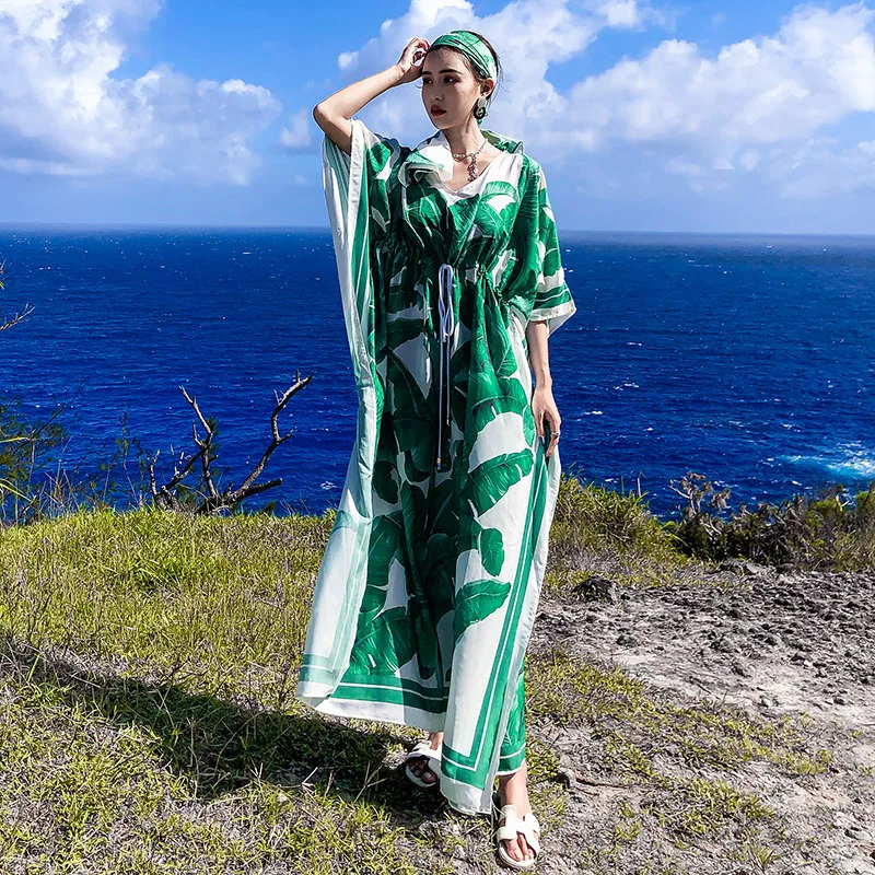 

High quality fashion designer women's dress 2019 new green print boho V-neck chiffon bat sleeve loose casual dress