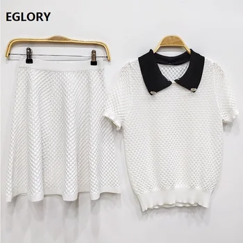 

Two Piece Sweater Suits 2019 Summer Autumn Knitted Set Women Beading Turn-down Collar Pullover Sweater+Mini Skirt Set Ladies