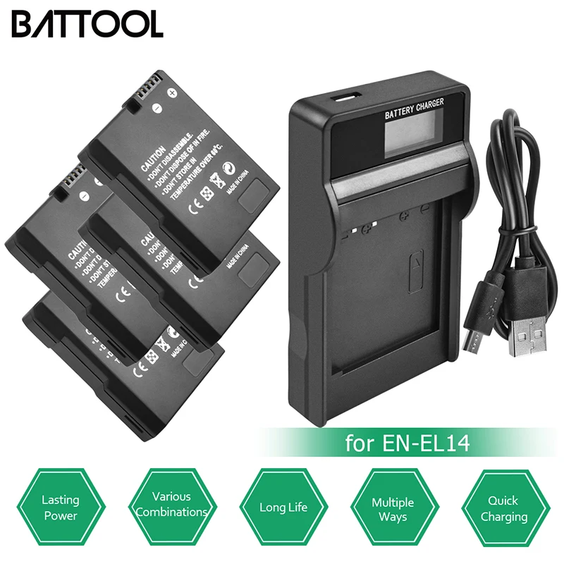 

BATTOOL 4Pcs EN-EL14 EN-EL14A Decoded Battery Bateria + LCD USB Charger for Nikon D3100 D3200 D3300 D5100 D5200