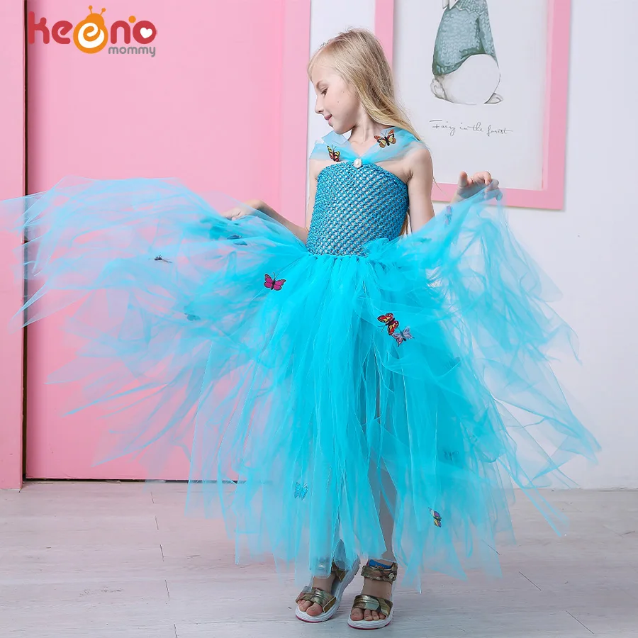 

Cinderella Inspired Girls Tutu Dress Blue Handmade Tulle Butterfly Birthday Party Dress Kids Halloween Cosplay Costume Gown