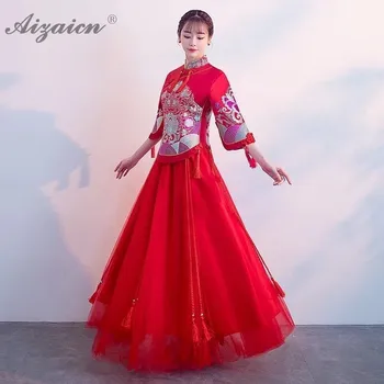 

Summer Red Bride Marry Dresses Chinoise Tassel Long Cheongsam Modern Oriental Style Plus Size Qi Pao Women Chinese Wedding Dress