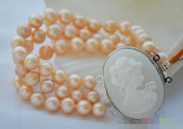 

Hot sell ->@@ > 12730 3row pink round freshwater cultured pearl bracelet -Top quality free shipping