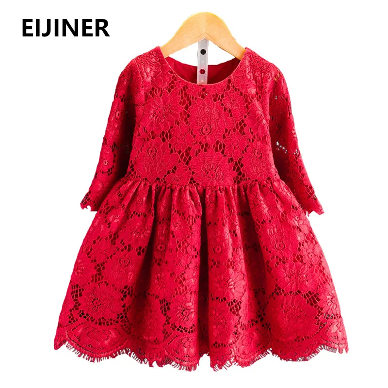 Красное Кружевное платье для девочек; Новинка г.; осенние кружевные Детские платья для девочек с длинными рукавами; детское платье принцессы; Одежда для девочек; платье