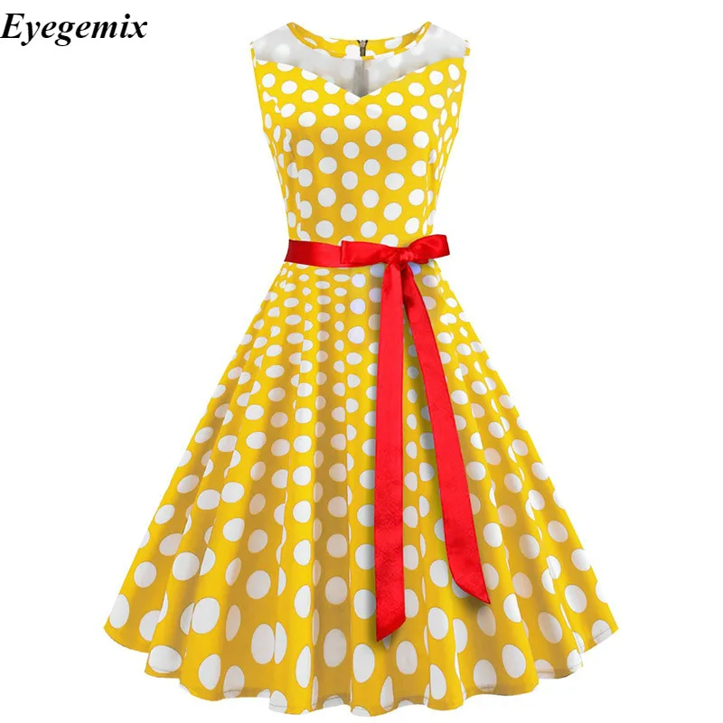 ShejoinSheenjoy Summer Hepburn Sleeveless Dress Women Retro Printed Dress Party Fashion V-Neck Dress Slim Zippers Yellow Dresses (4)