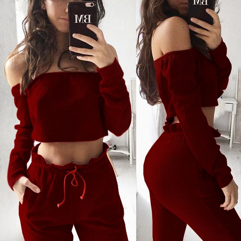 Women Clothes Set Red Long Sleeve Crop 