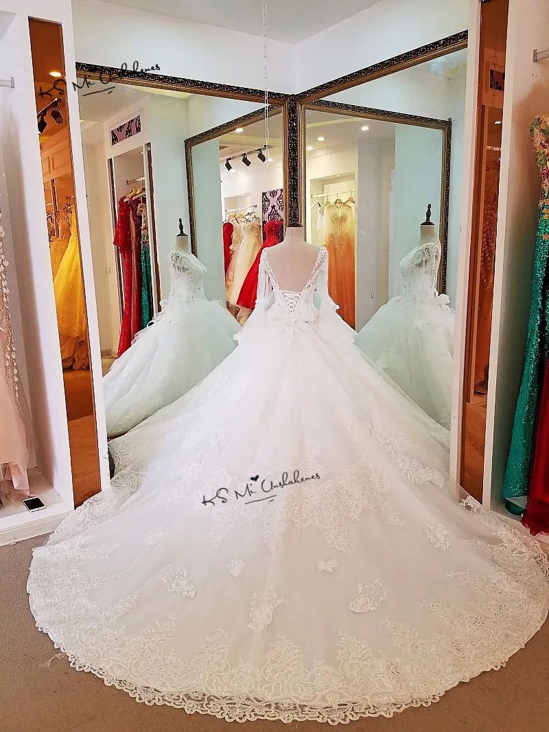 Vestido de Noiva Princesa Роскошные свадебные платья с длинным рукавом Кристаллы Свадебные платья с бусинами блесток Sparky церковное платье невесты