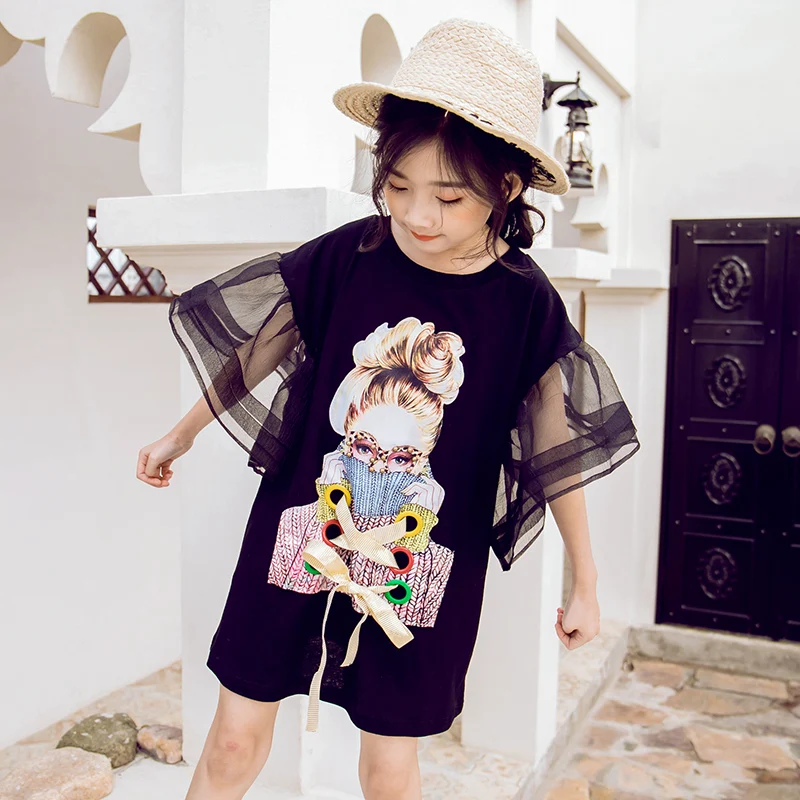 

Kids Dresses For Girls Summer Print Casual Shirt Dress Teenager New Fashion Black Pink White Princess Children Toddler Clothes 9