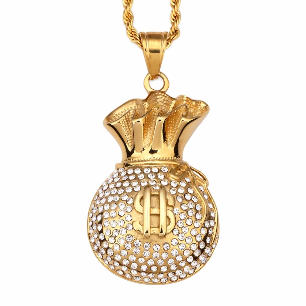 Titanium Steel Dollar Sign Necklace Crystal Rhinstone Cool Fashion Money Bag Shape Hip Hop Men