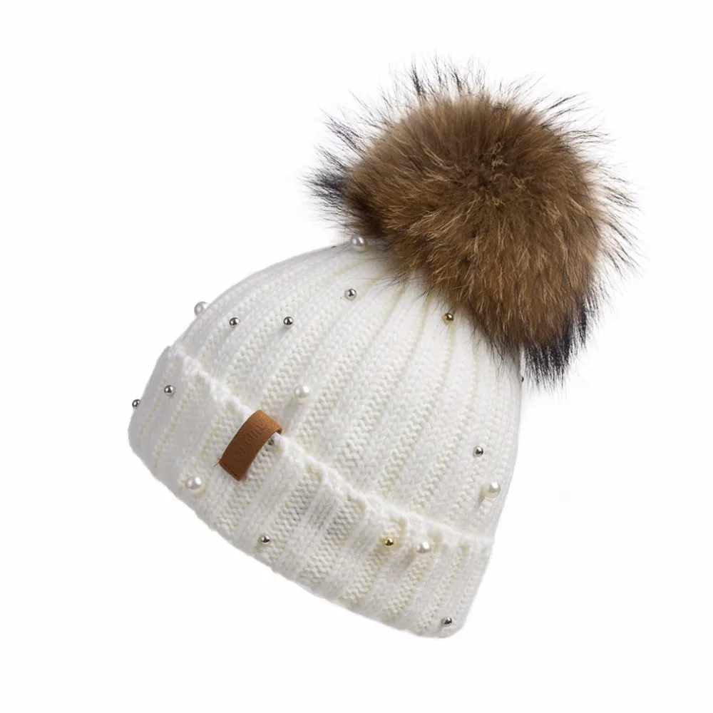 Вязаная Шапка-бини шапка с помпоном с пушистым помпоном из натурального меха для женщин зимние Skullies лыжи gorros тёплая шапка Fur Story 17605