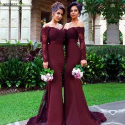 2019 дешевое сексуальное длинное с силуэтом "Русалка" цвета Бургунди рукав платье подружки невесты кружева длинное самое популярное платье