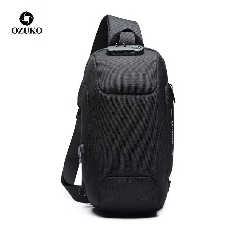 Ozuko new chest bag USB burglar men's Korean version leisure one-shoulder waterproof Oxford cloth password |