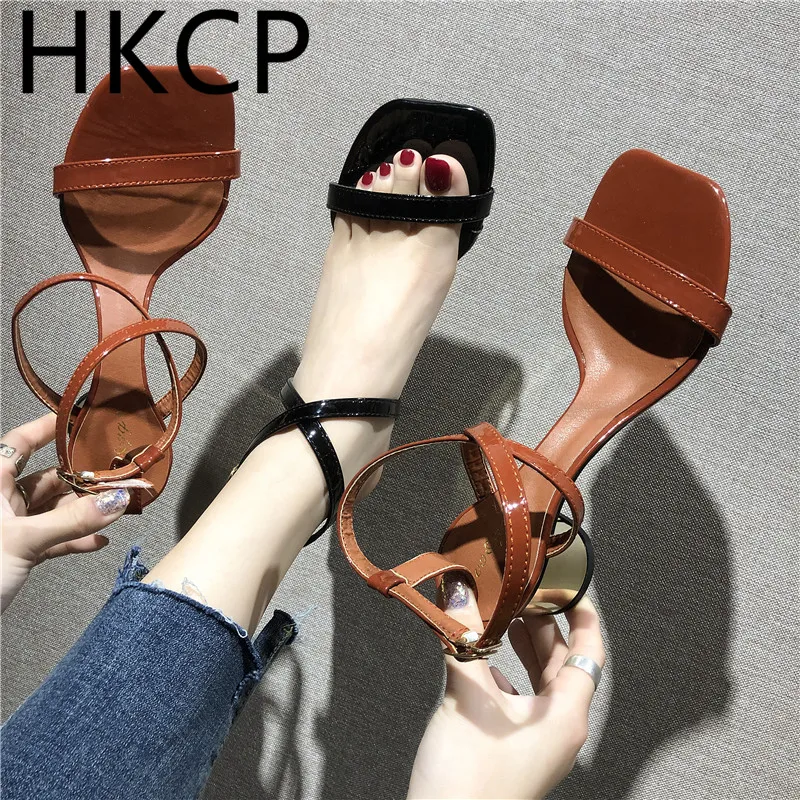 

HKCP Mid-heeled sandals summer thick with black word belt sexy women's shoes 2019 new buckle shiny leather C341