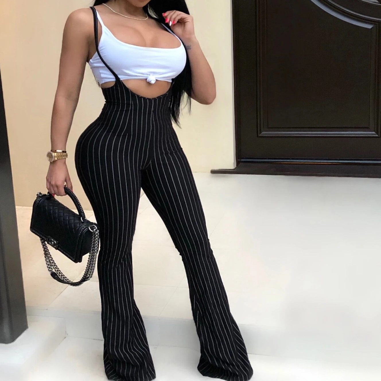 

Plus Size Oversized High Waist Flare Bell Bottom Stripe Suspender Spaghetti Strap Loose Vintage Jumpsuit Boho Romper Overalls