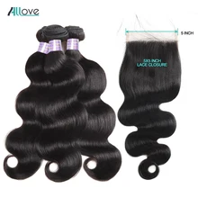Allove Dell'onda Del Corpo Dei Capelli Con Chiusura Peruviana Fasci Del Tessuto Dei Capelli Con 5X5 Veletta nella chiusura Dei Capelli Umani 3 Bundles Con chiusura Non Remy