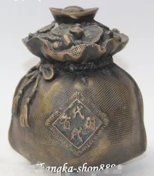 

6" Old China Fengshui Bronze Wealth Money Yuanbao Treasure Bowl Bag Bags Statue