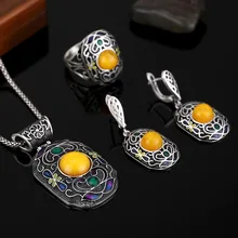 Turco HENSEN 2016 Nueva Moda Étnica Joyería de Plata de la Antigüedad Plateó Esmalte Y Resina de La Vendimia Sistemas de la Joyería Para Las Mujeres