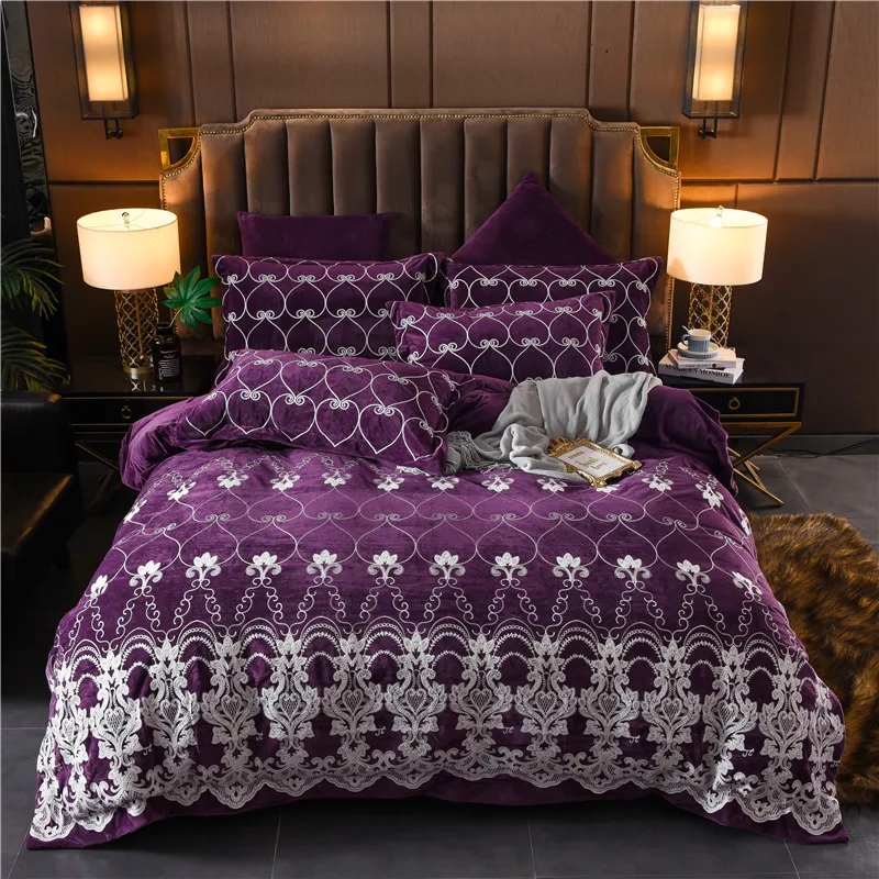 

2018 Thick Fleece fabric Luxury Bedding Set Embroidery Bed Set King Queen winter Bed Linens soft Duvet Cover Bed Sheet