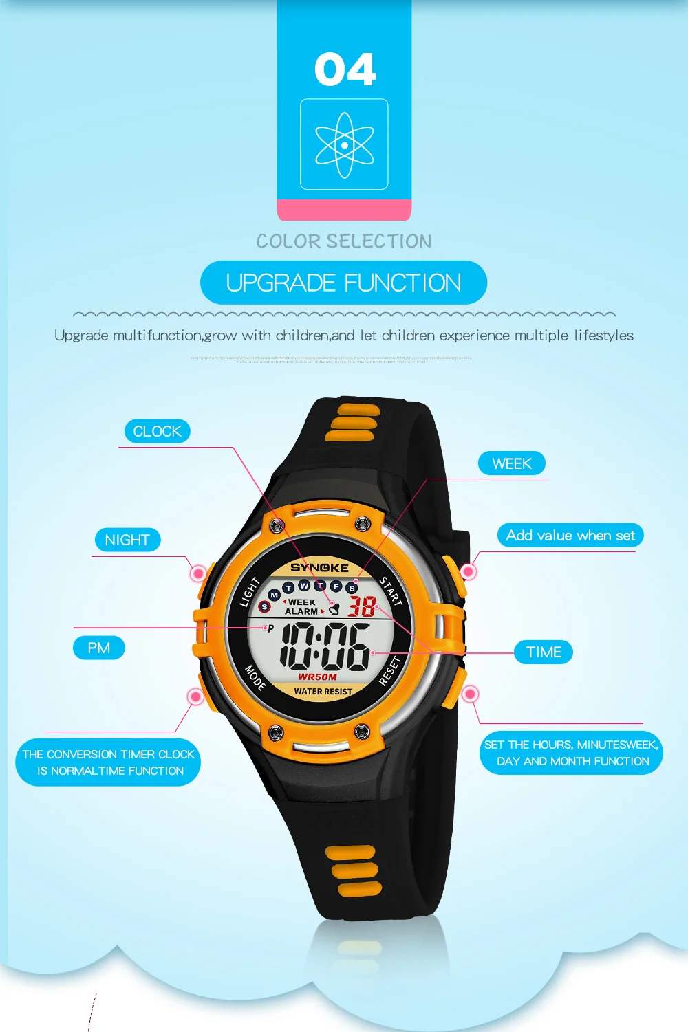 Детские спортивные часы высокого качества, модные, светодиодный, цифровые часы для мальчиков и девочек, детские, 50 м, водонепроницаемые