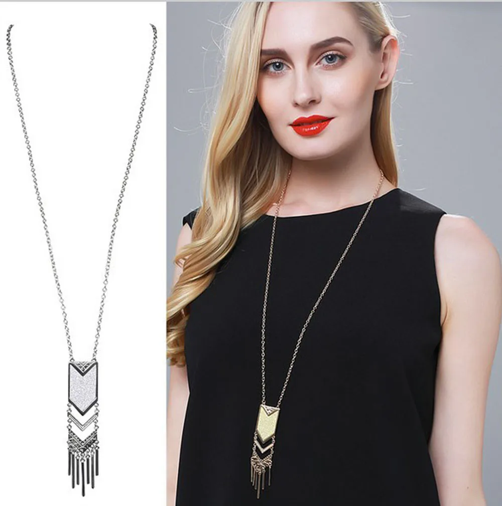 

Long Necklace Bohemian Tassel Pendant Necklace New Matte Triangle Necklace Cute Girl Women Gift Beautiful Accessories Rhinestone