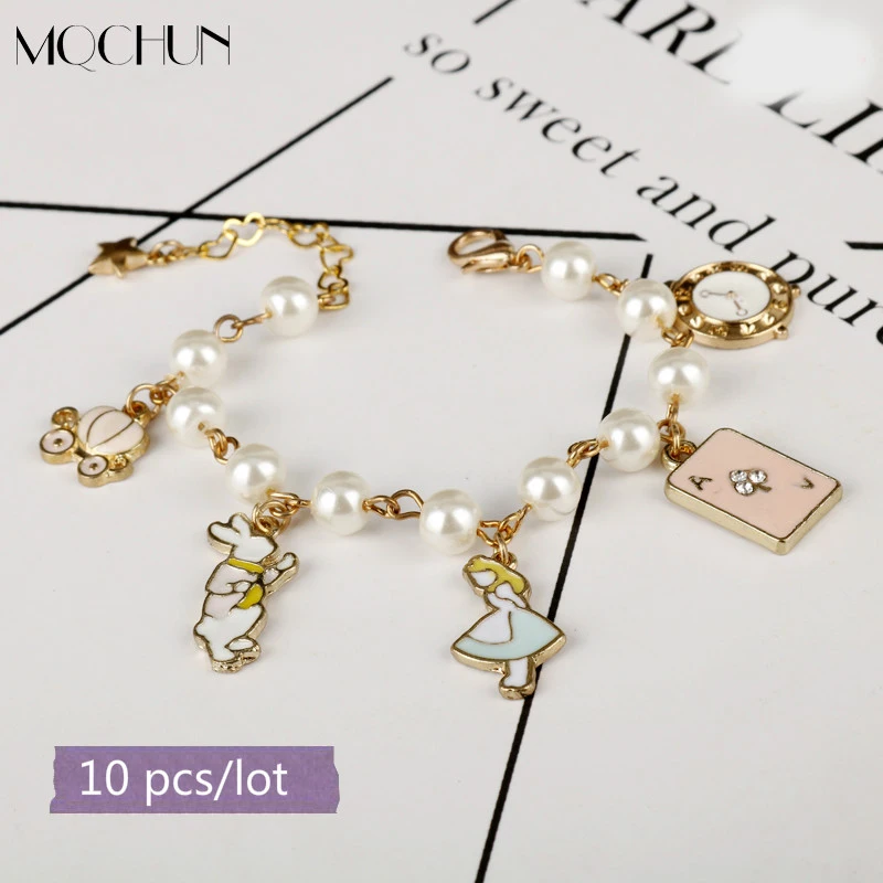 

12 pcs Fashion Jewelry Alice in Wonderland Bracelets Bangles Fairy Tale Story Rabbit Hat Key Clock Bracelet Girls Children Gift