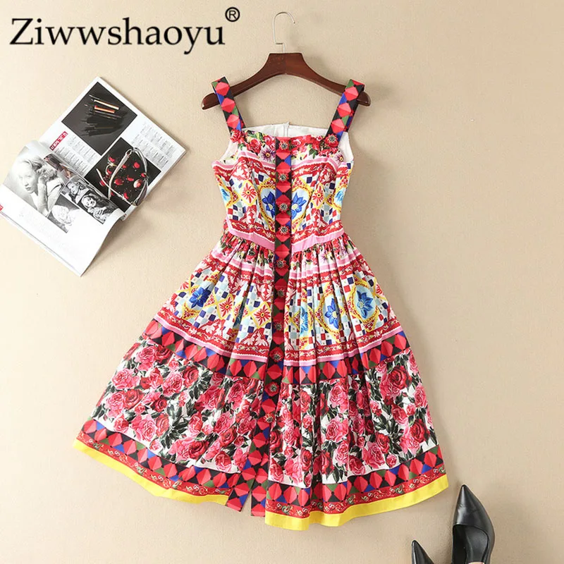 

Ziwwshaoyu Spring Summer Runway Brand Rose Prints Women Casual Dresses Spaghetti Strap Cute Button Fit Dress
