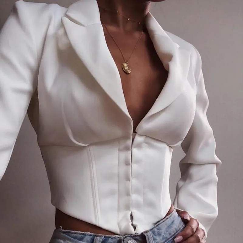 

Sexy V Neck Cropped Short White Blazer Women Long Sleeve Female Jacket Office Autumn Party Elegant Blazer casacas para mujer
