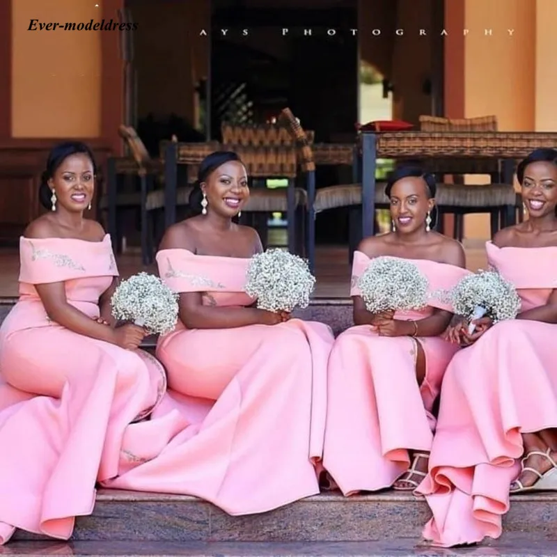 

2019 African Pink Long Mermaid Bridesmaid Dresses Off Shoulder Appliques Formal Wedding Guest Dresses Maid Of Honor Custom Made