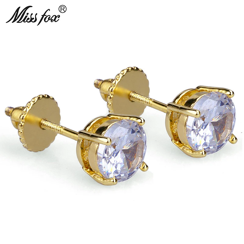 

MISSFOX Hiphop 24K Gold Plated Earrings Studs Free Shipping Round Zirconia Oorbellen 6MM Wholesale Piercing Male Earring Gifts