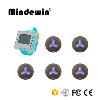 

Mindewin Cafe Shop Call Waiter Service 1pc M-W-1 Watch Pager +5pcs M-K-4 Waiter Call Buttons Wireless Pager Systems
